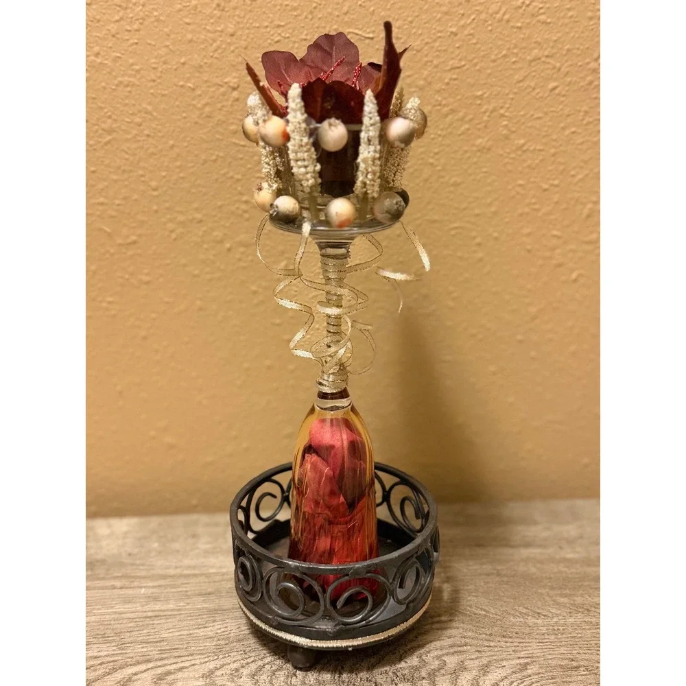 Handmade Whimsical Glass Tea Light Candle Holder Red Autumn Leaf Metal Stand